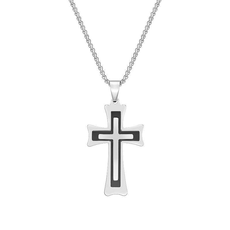 Mens LYNX Black Ion-Plated Stainless Steel 3 Layer Cross Pendant Necklace Multicolor Product Image