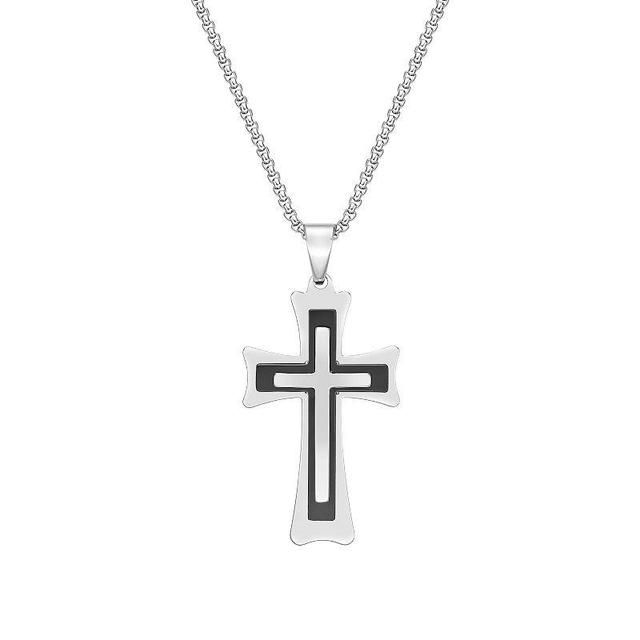 Mens LYNX Black Ion-Plated Stainless Steel 3 Layer Cross Pendant Necklace Two Tone Product Image