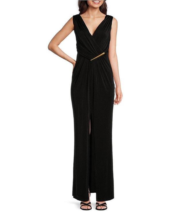 Donna Karan V-Neck Sleeveless Ruched Gold Broach Sheath Dress Product Image