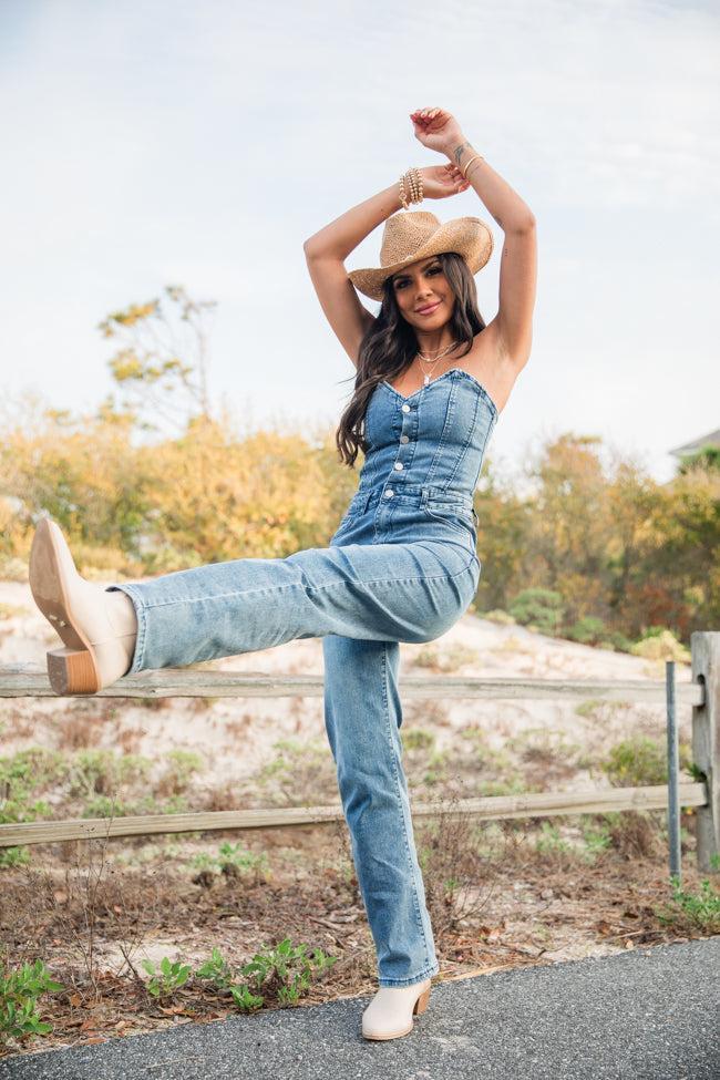 Country Roads Sweetheart Denim Jumpsuit Product Image