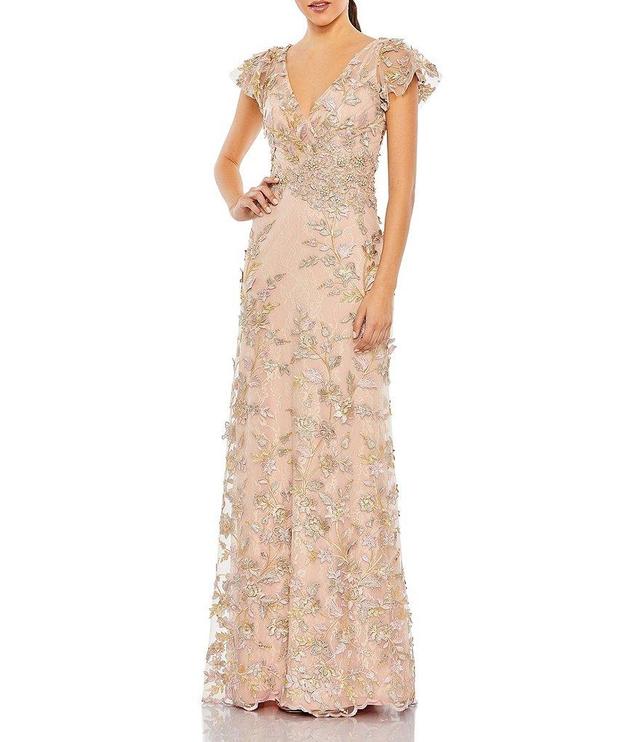 Mac Duggal Beaded Embroidered V-Neck Flutter Sleeve Gown Product Image