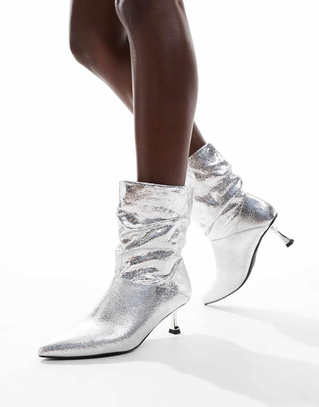 London Rebel Whitney slouchy kitten heel boots in silver Product Image