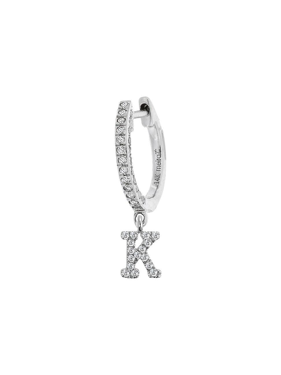 Womens 14K White Gold Diamond Intial Single Huggie Hoop Earring Product Image