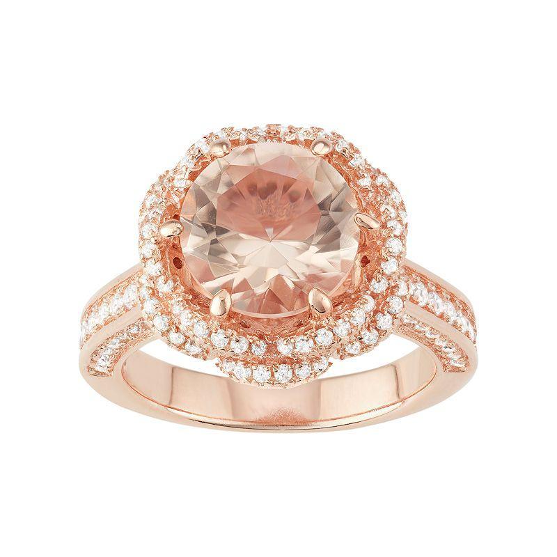 Designs by Gioelli 14k Rose Gold Over Silver Simulated Morganite & Cubic Zirconia Halo Ring, Womens Pink Product Image