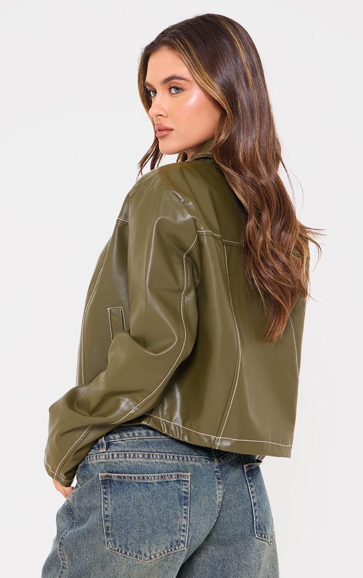 Olive Faux Leather Contrast Stitch Jacket Product Image