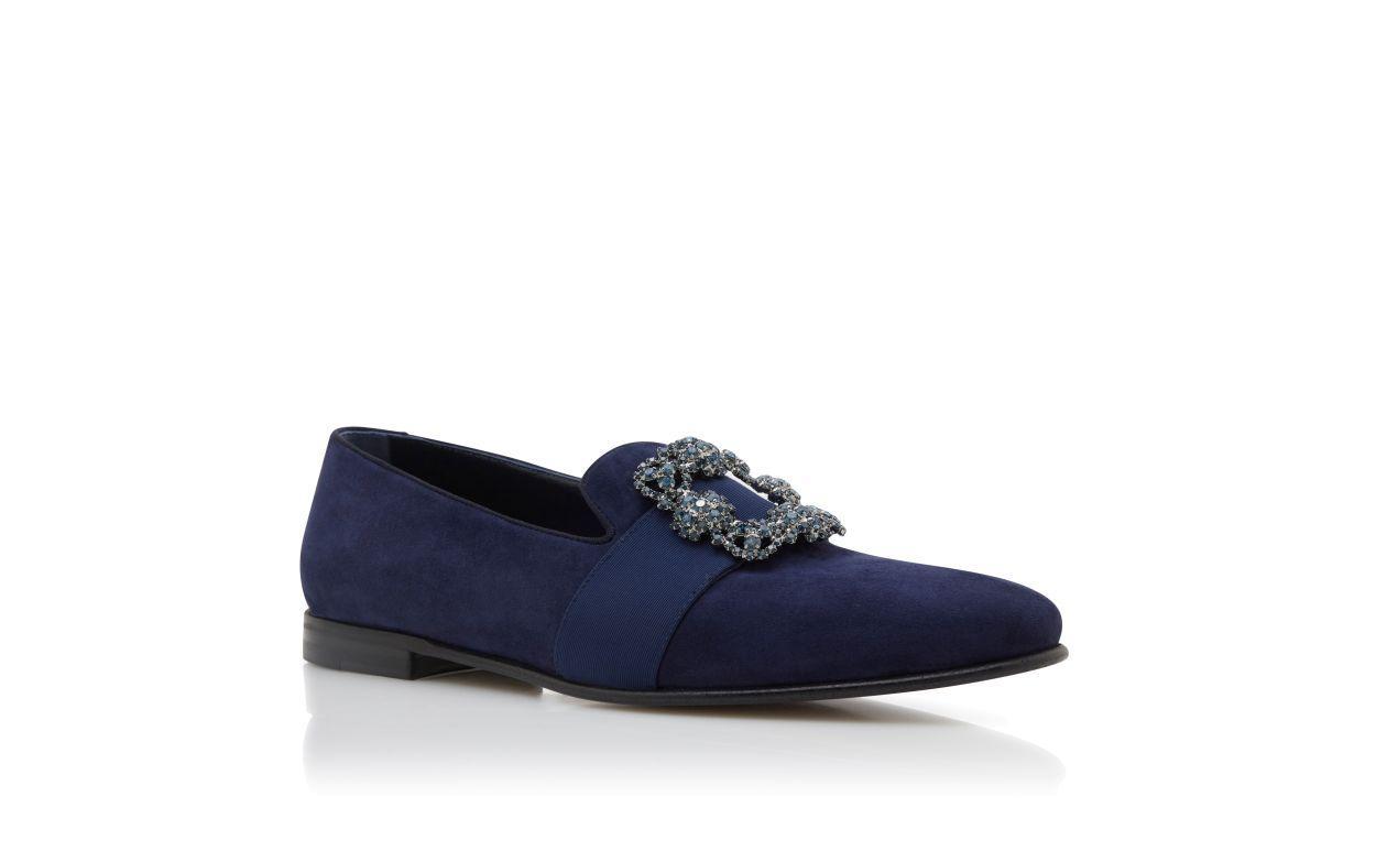 CARLTON Navy Blue Suede Jewelled Buckle Loafers  Product Image