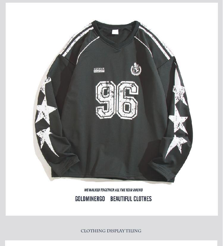 Crewneck Star Print Numbering Sweatshirt Product Image