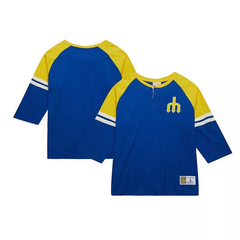 Mens Mitchell & Ness Royal Seattle Mariners Cooperstown Collection Legendary Raglan Slub Henley 3/4-Sleeve T-Shirt Product Image