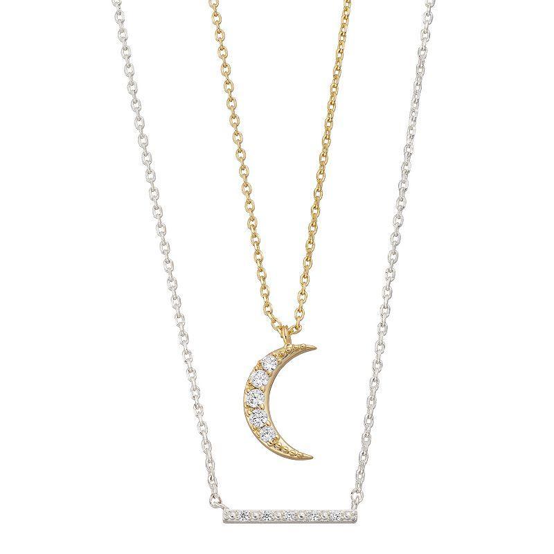 City Luxe Two Tone Cubic Zirconia Moon & Bar Necklace Set, Womens, Two Tone & Clear Product Image