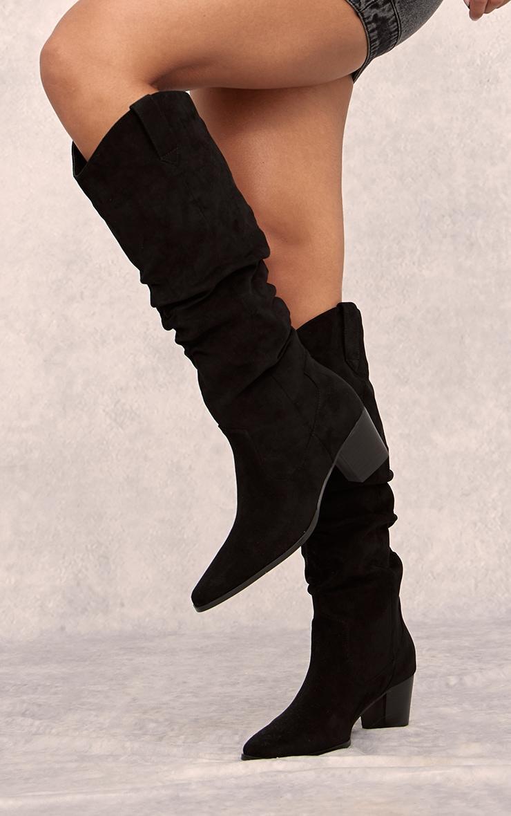 Black Faux Suede Point Toe Ruched Knee High Heeled Western Boots Product Image