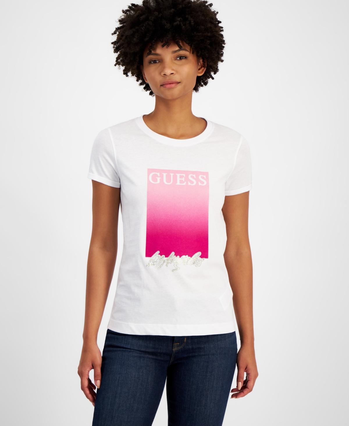 Guess Womens Crewneck Cotton Embellished-Logo T-Shirt Product Image