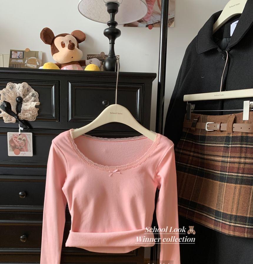 Long Sleeve Square Neck Plain Lace Trim Fleece Lined Top Product Image