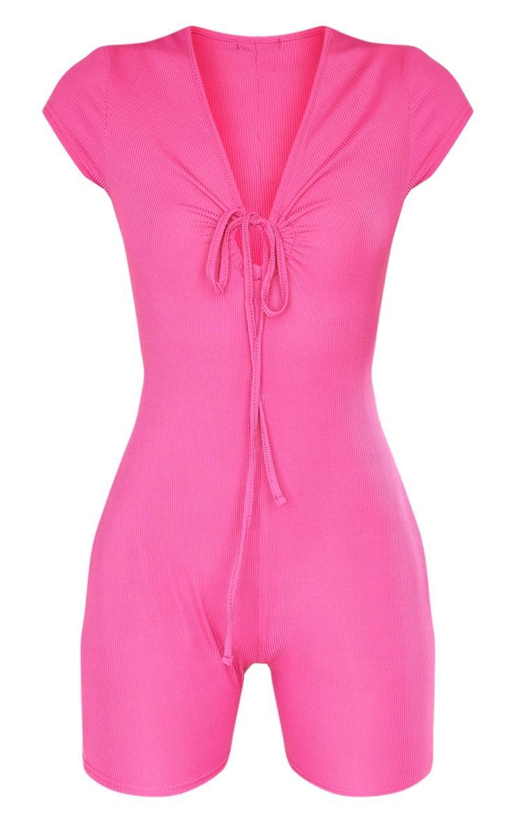 Hot Pink Ribbed Tie Detail Short Sleeve Unitard Product Image