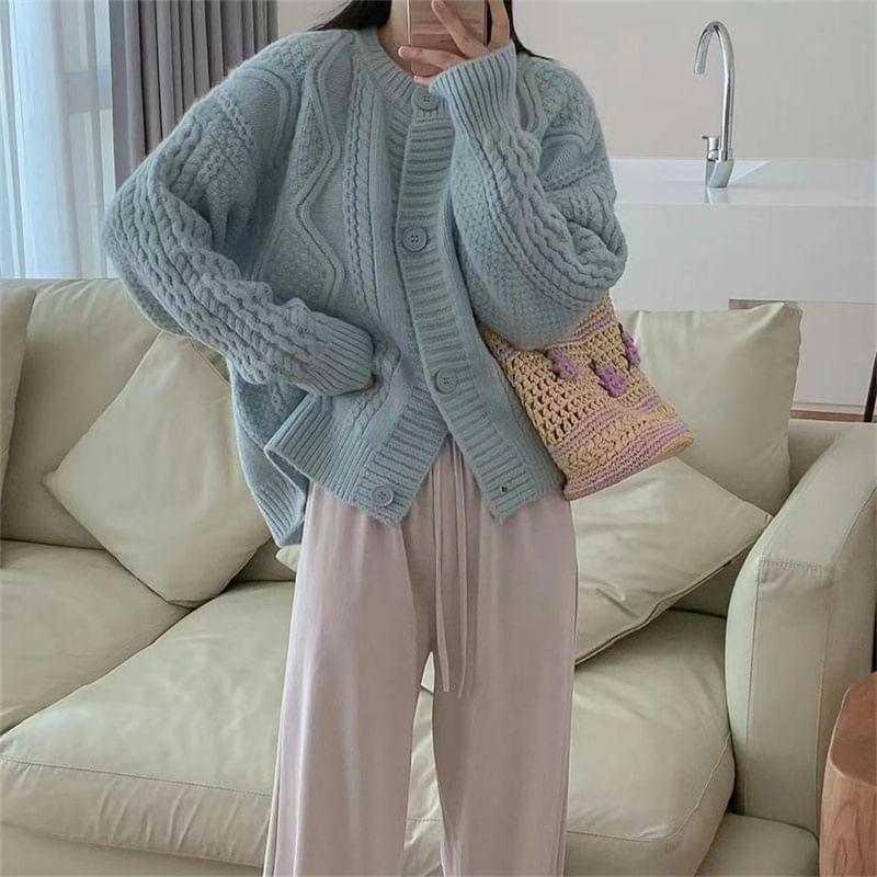 Round Neck Plain Cable-Knit Cardigan Product Image