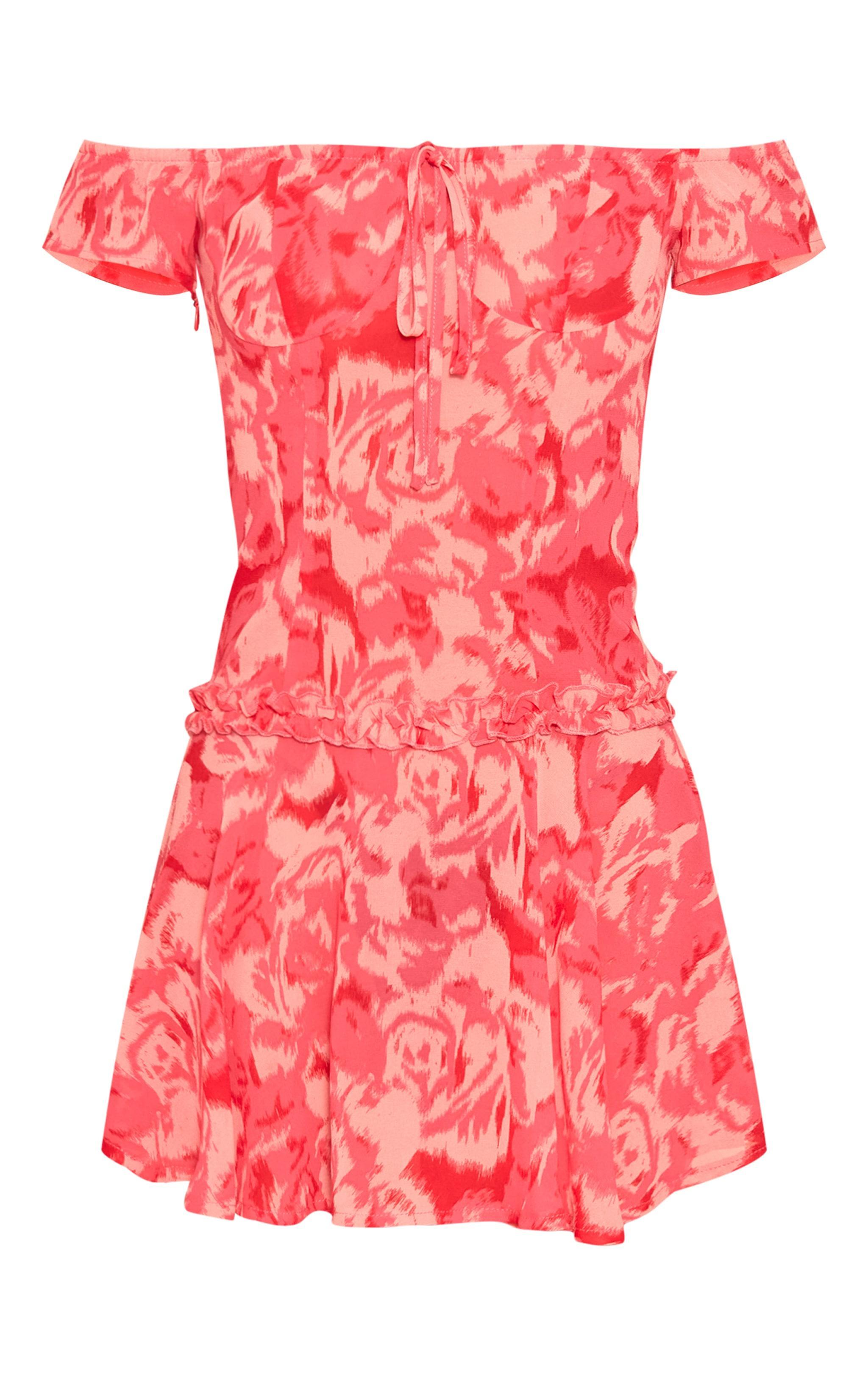 Hot Pink Abstract Print Frill Bardot Shift Dress Product Image