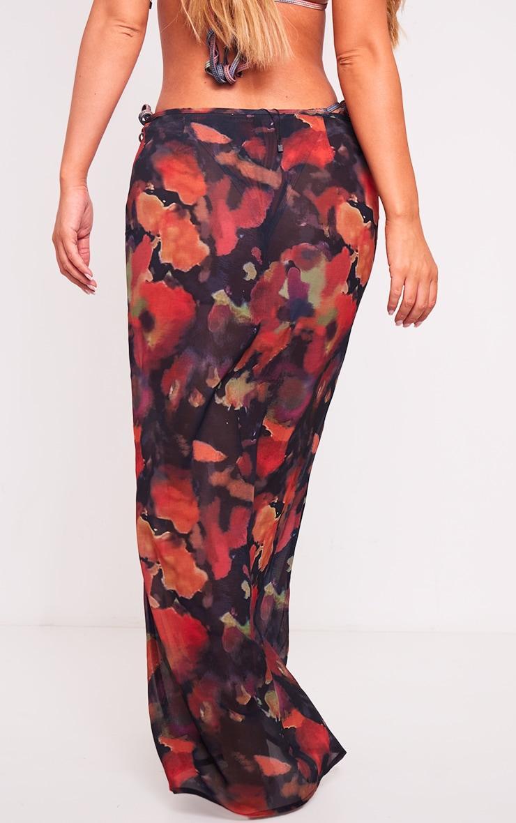 Burnt Orange Blurred Floral Print Mesh Fishtail Maxi Skirt Product Image