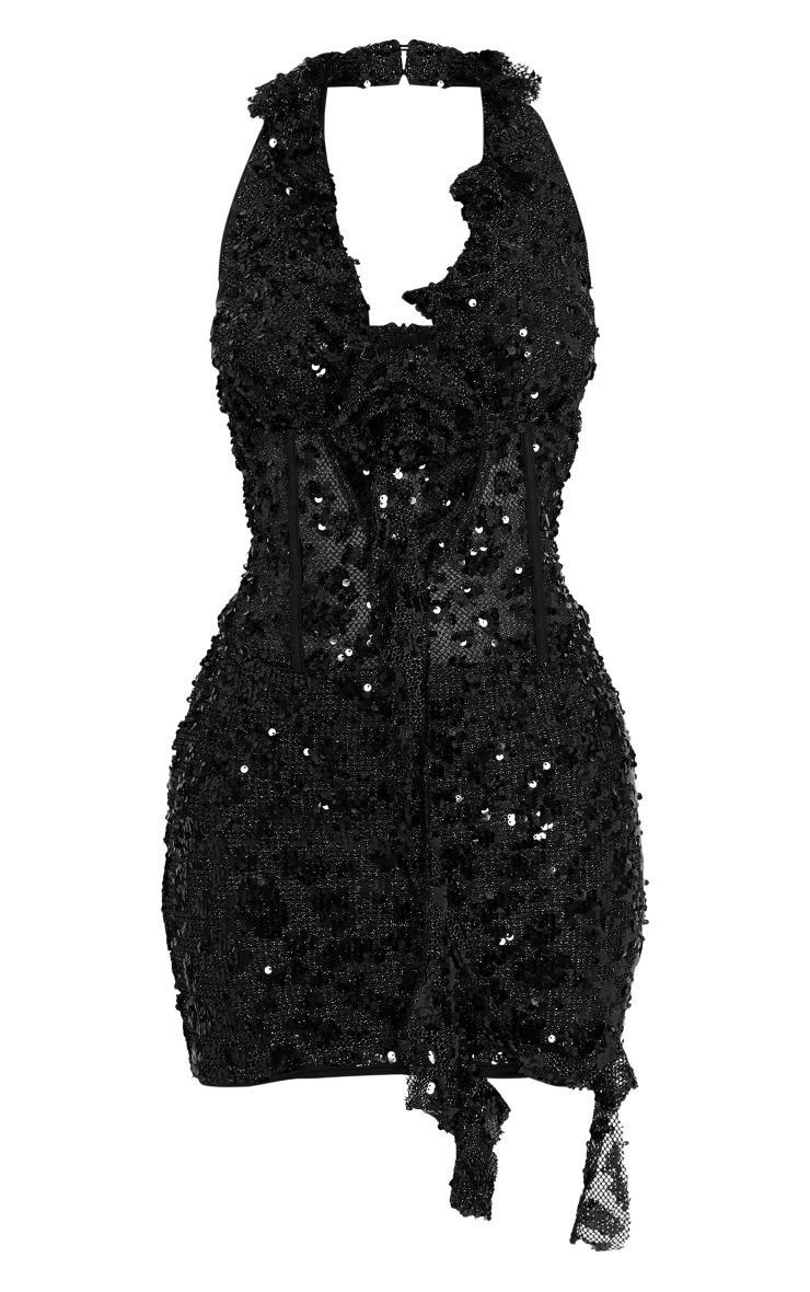 Petite Black Sequin Mini Dress With Rose Detail Product Image