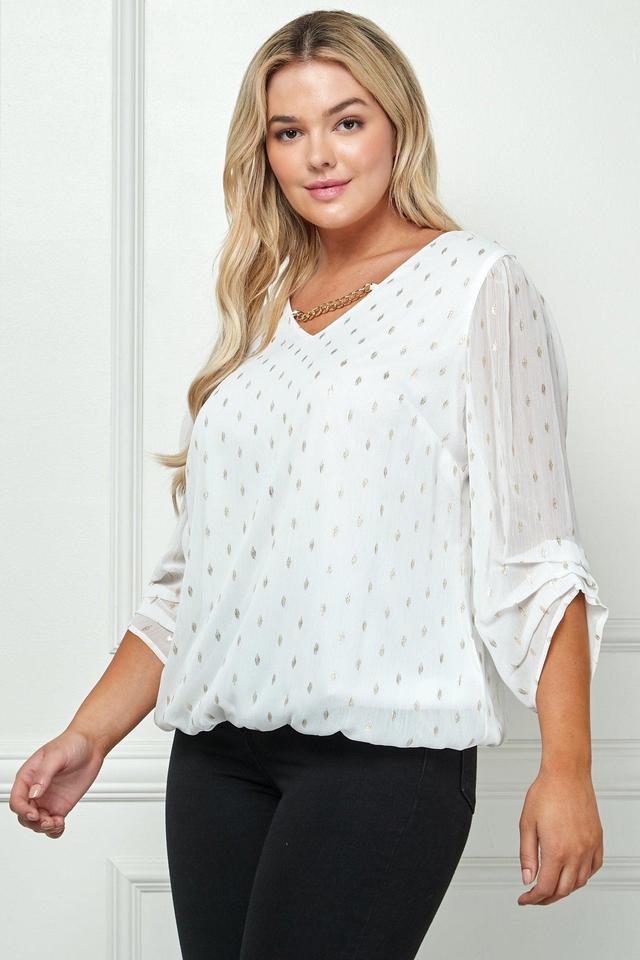 Sara Michelle Ivory & Gold 3/4 Step Sleeve V-Neck Chain Trim Bubble Blouse - Plus Product Image