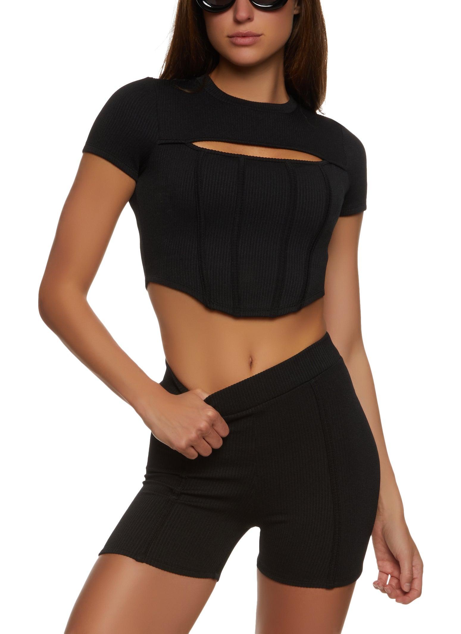 Womens Ribbed Cut Out Detail Corset Crop Top Product Image