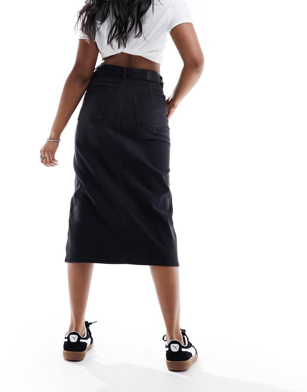 Vero Moda denim midaxi skirt with front split in washed black Product Image