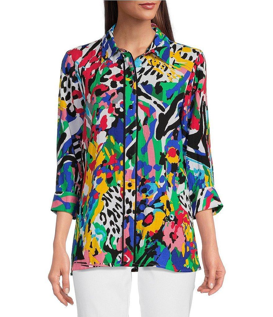 Ali Miles Petite Size Printed Woven Wire Collar 3/4 Sleeve Contrast Trim Detail Button-Front Tunic Product Image