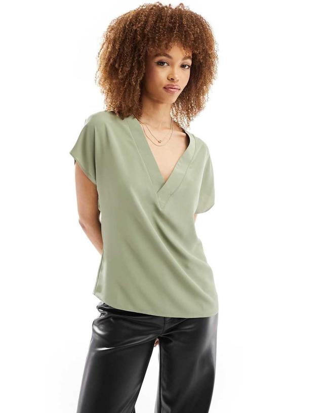 ASOS DESIGN V neck short sleeve top in light khaki  Product Image