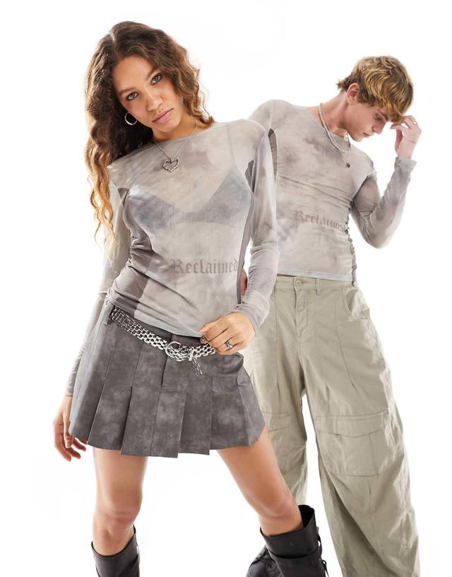 Reclaimed Vintage genderless shrunken long sleeve mesh top in gray Product Image