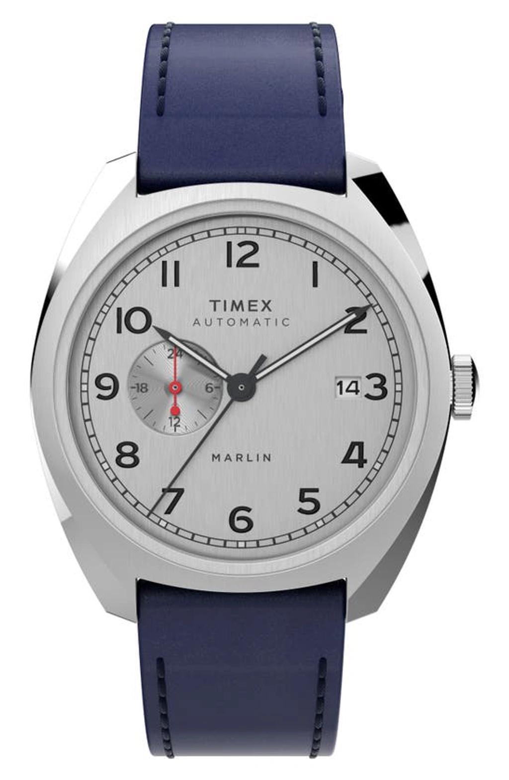 TIMEX ® Marlin Automatic Leather Strap Watch, 39mm In Blue Product Image