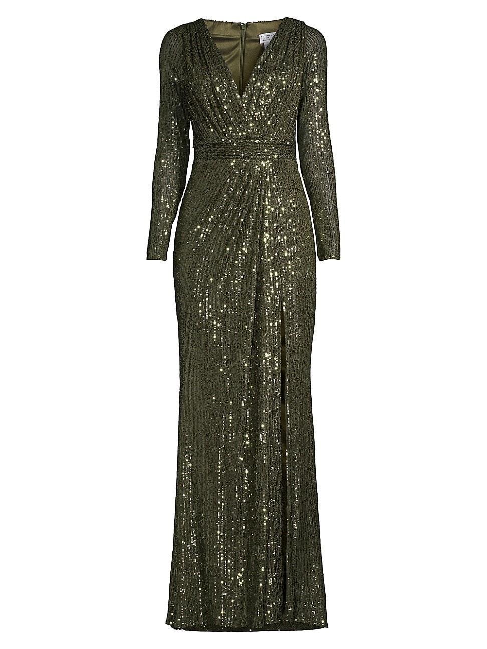 Mac Duggal Sequin Long Sleeve Faux Wrap Gown Product Image