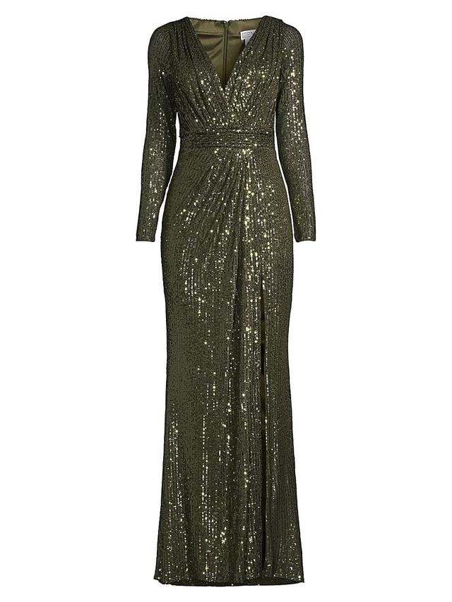 Ieena for Mac Duggal Sequin Long Sleeve Faux Wrap Gown Product Image