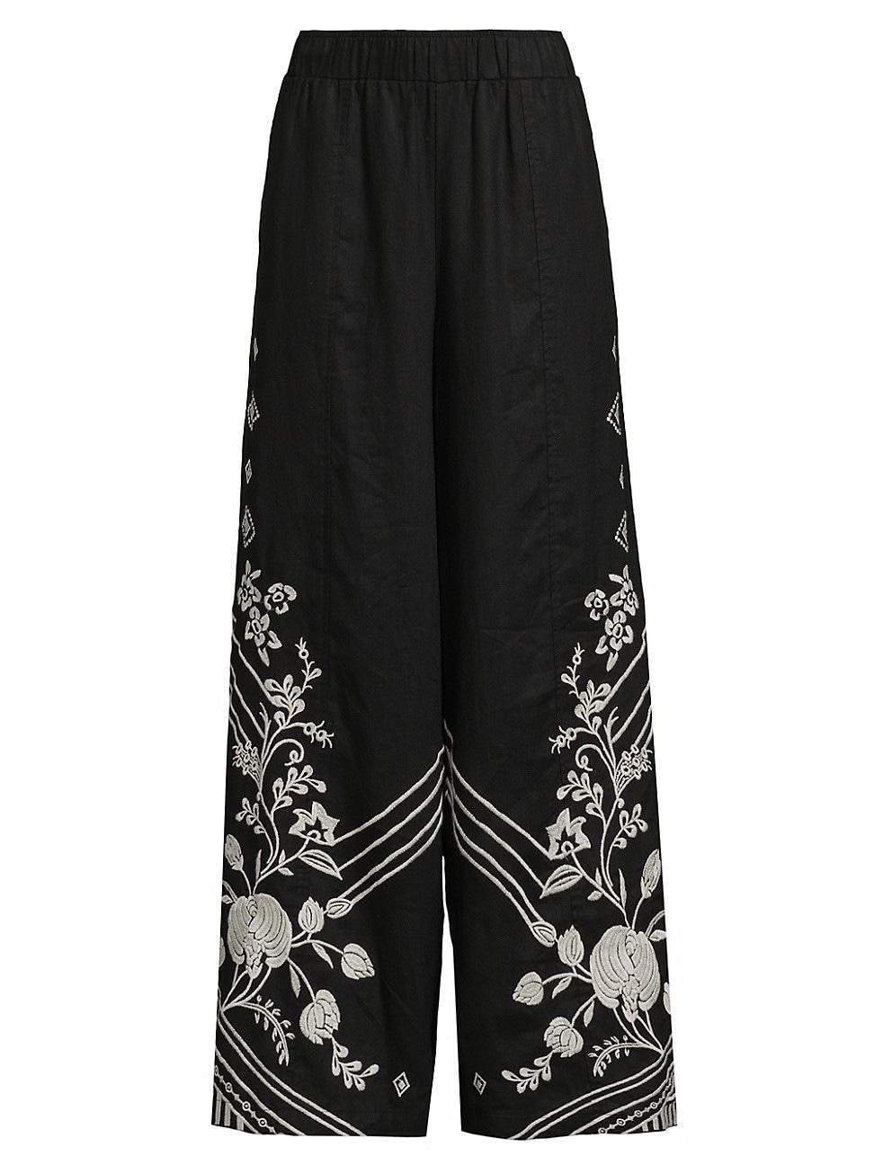 Womens Seamed Embroidered Linen Pants Product Image