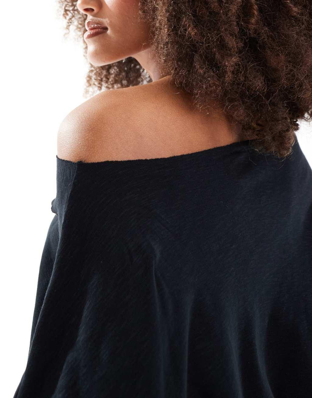 ASOS DESIGN relaxed slubby off-shoulder top in black Product Image