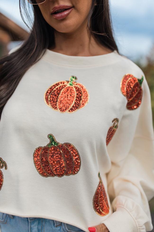 Pumpkin Spice Please Ivory Sequin Patch Sweatshirt Product Image