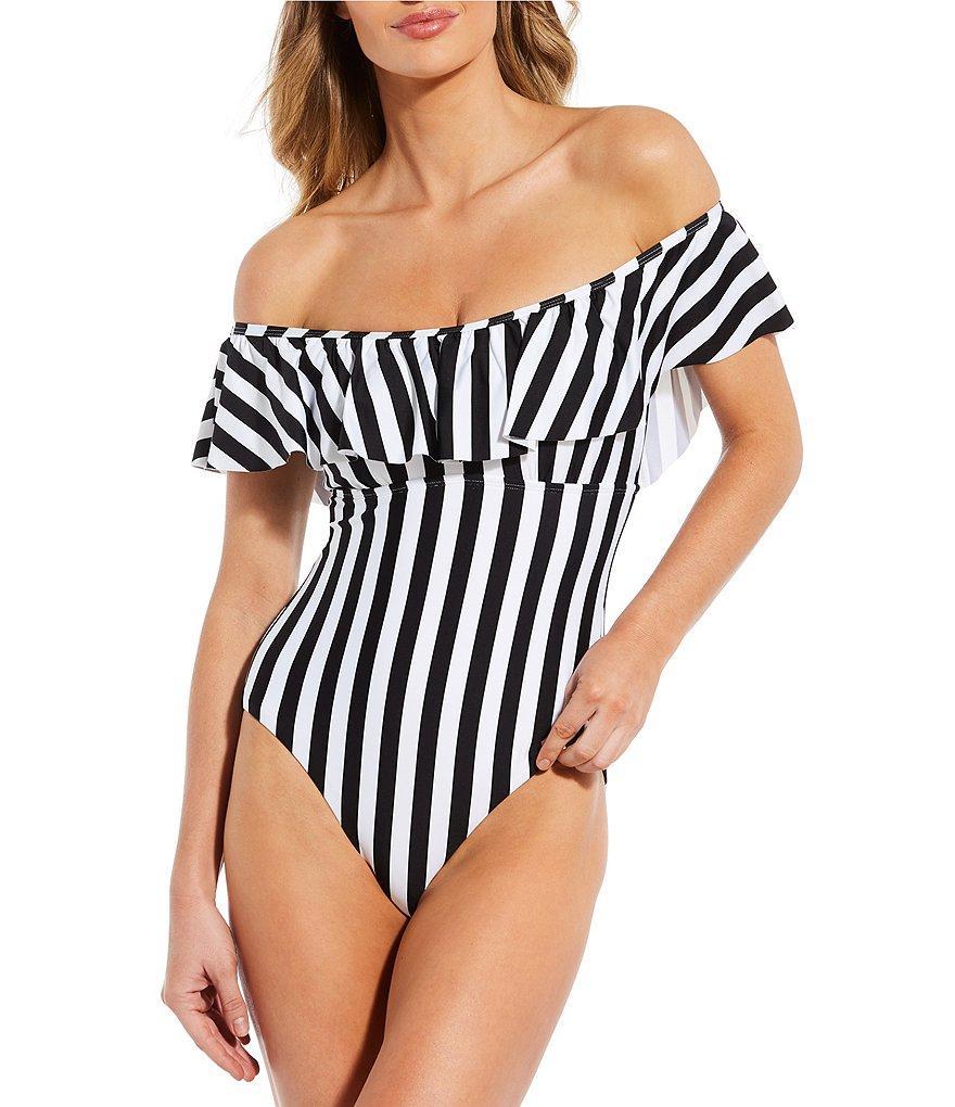 Gibson & Latimer Off Shore Striped Ruffle Off-the-Shoulder One Piece Swimsuit Product Image