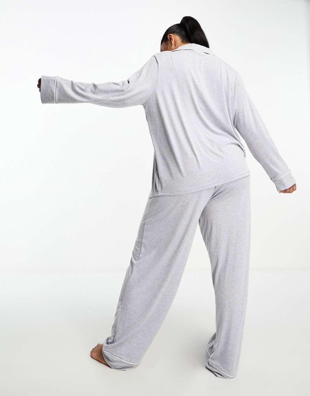 ASOS DESIGN Curve soft jersey long sleeve shirt & pants pajama set with contrast piping Product Image