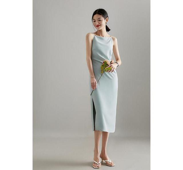 Spaghetti Strap Plain Side-Slit Midi Sheath Dress Product Image