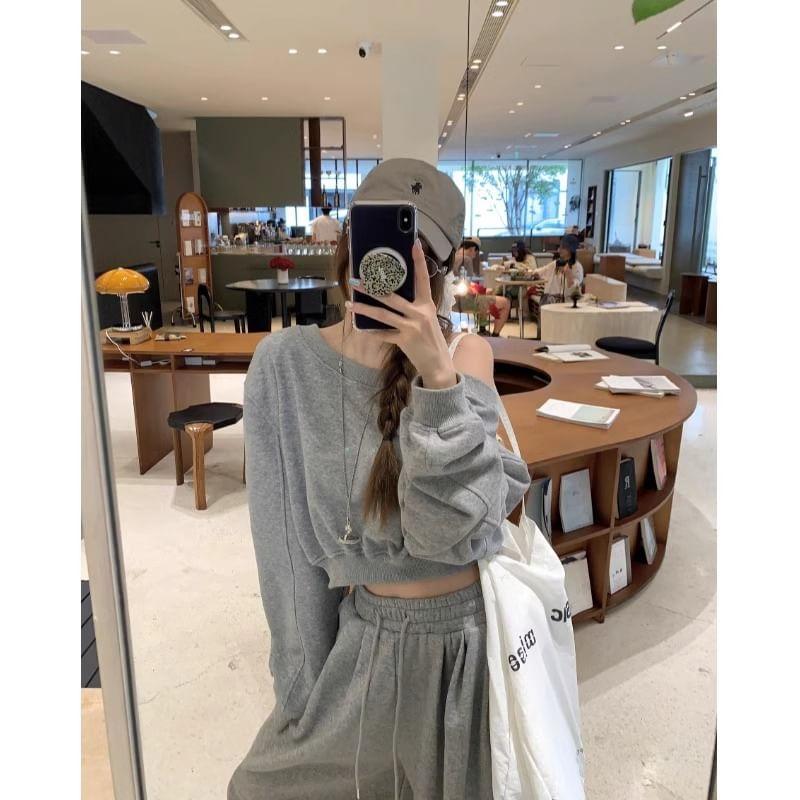 Set: One Shoulder Plain Crop Sweatshirt + Drawstring Waist Wide Leg Sweatpants Product Image