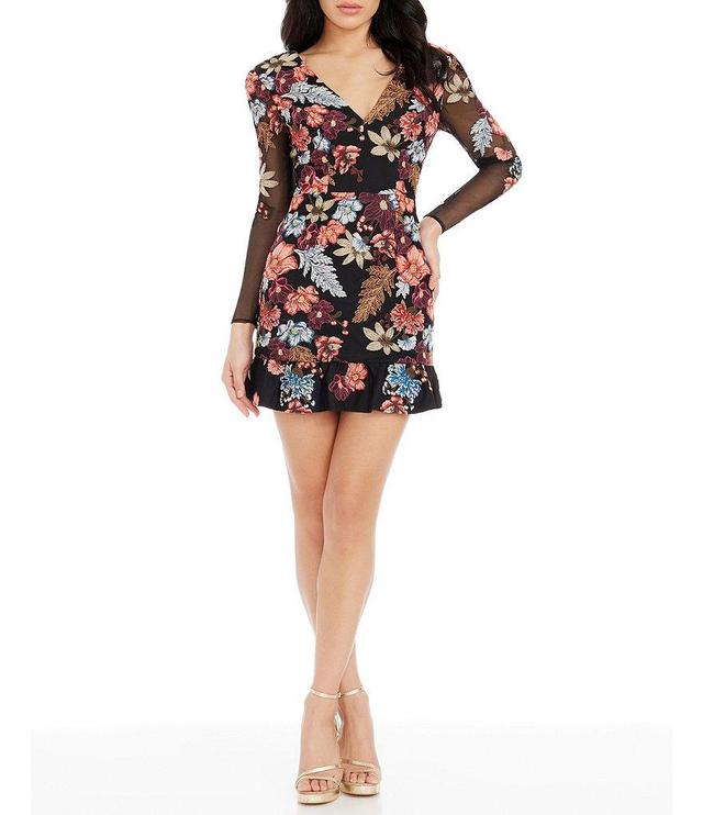 Dress the Population Kelsey Floral V-Neck Long Sleeve Flounce Hem Mini Dress Product Image