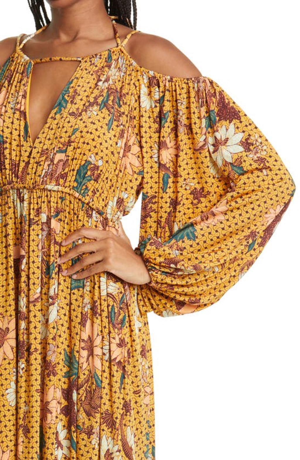 Noemi Cold-shoulder Floral Midi Dress In Amber Product Image