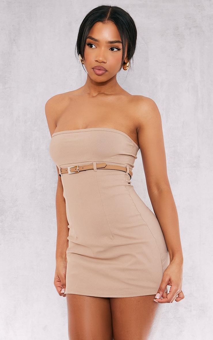 Taupe Stretch Woven Belt Front Skort Romper Product Image