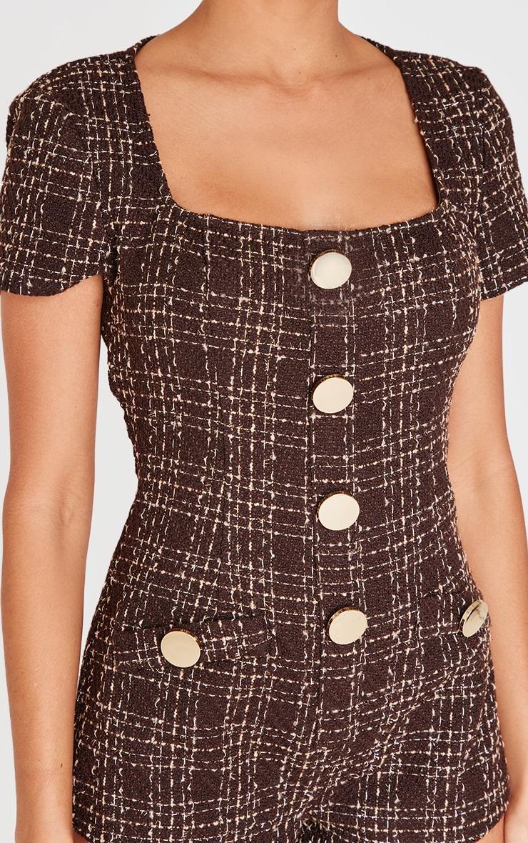 Brown Tweed Short Sleeve Button Detail Romper Product Image