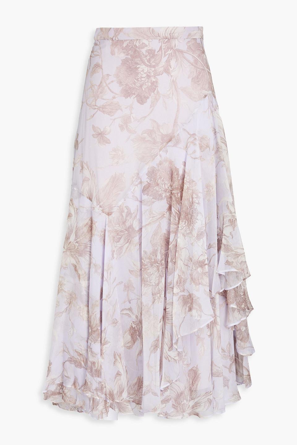 Pleated Layered Floral Midi-skirt In Lilac White Product Image