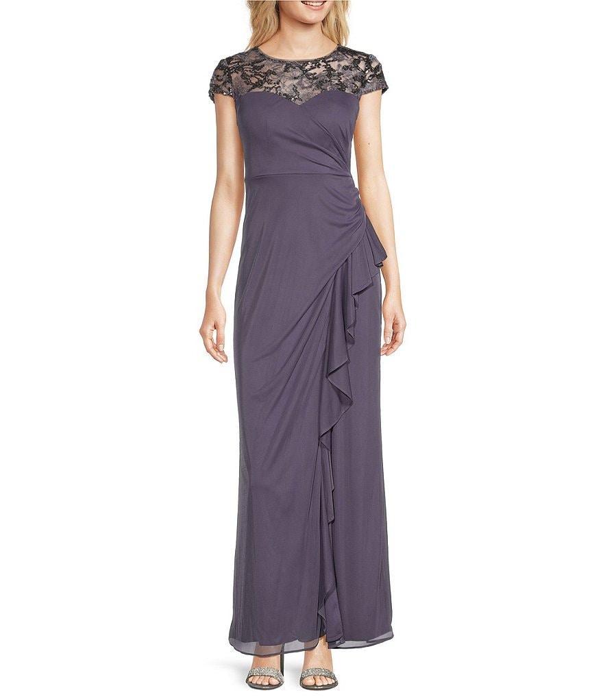 Alex Evenings Petite Size Cap Sleeve Embroidered Sweetheart Illusion Neck Cascade Ruffle Gown Product Image