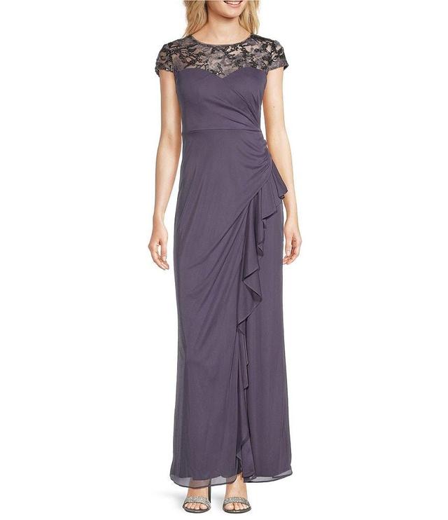 Alex Evenings Petite Size Cap Sleeve Embroidered Sweetheart Illusion Neck Cascade Ruffle Gown Product Image