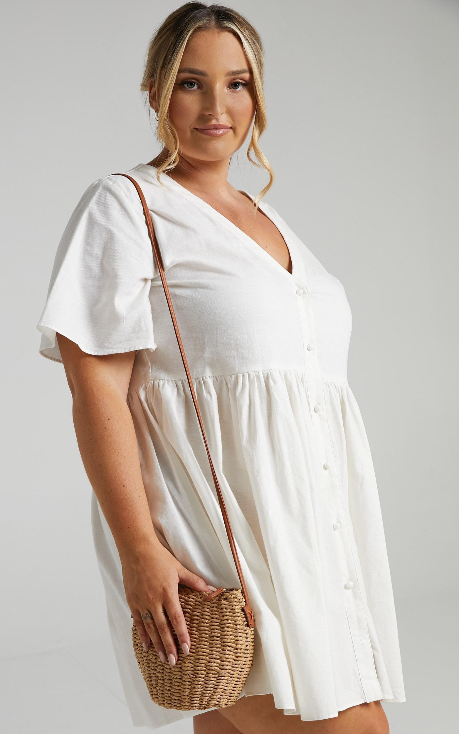 Staycation Mini Dress - Smock Button Up Dress in White Product Image