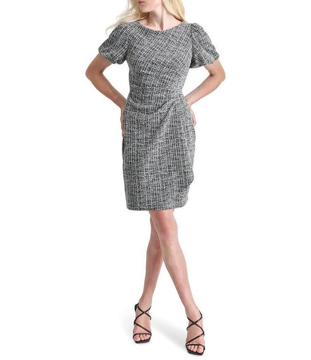 DKNY by Donna Karan Plaid Knit Boat Neck Short Puff Sleeve Gathered Side Mini Dress Product Image