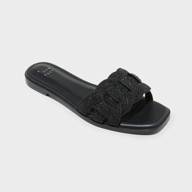 Womens Maggie Rhinestone Slide Sandals - A New Day Black 7.5 Product Image