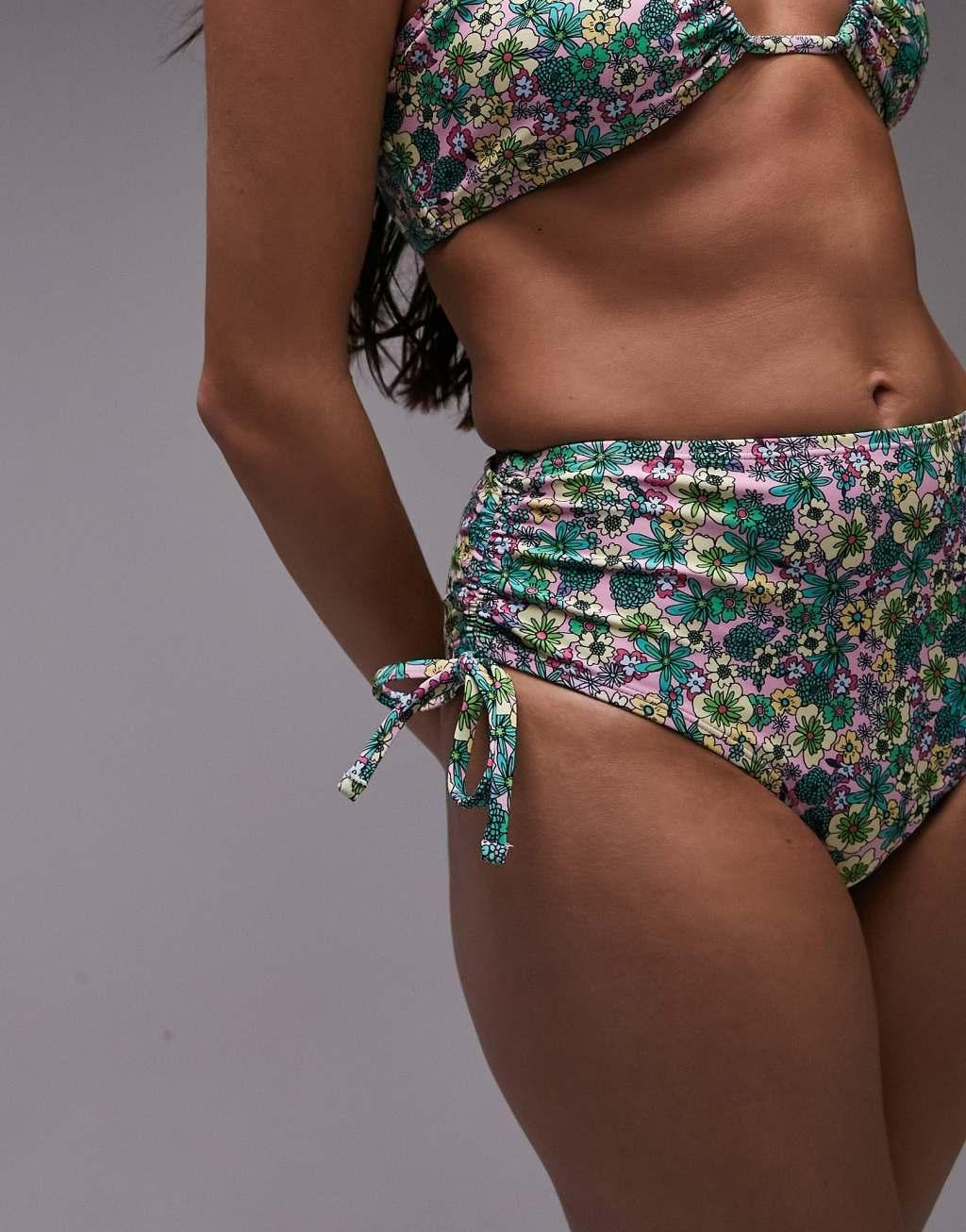 Topshop mix and match ditsy floral ruche side high waist bikini bottoms in pink  Product Image