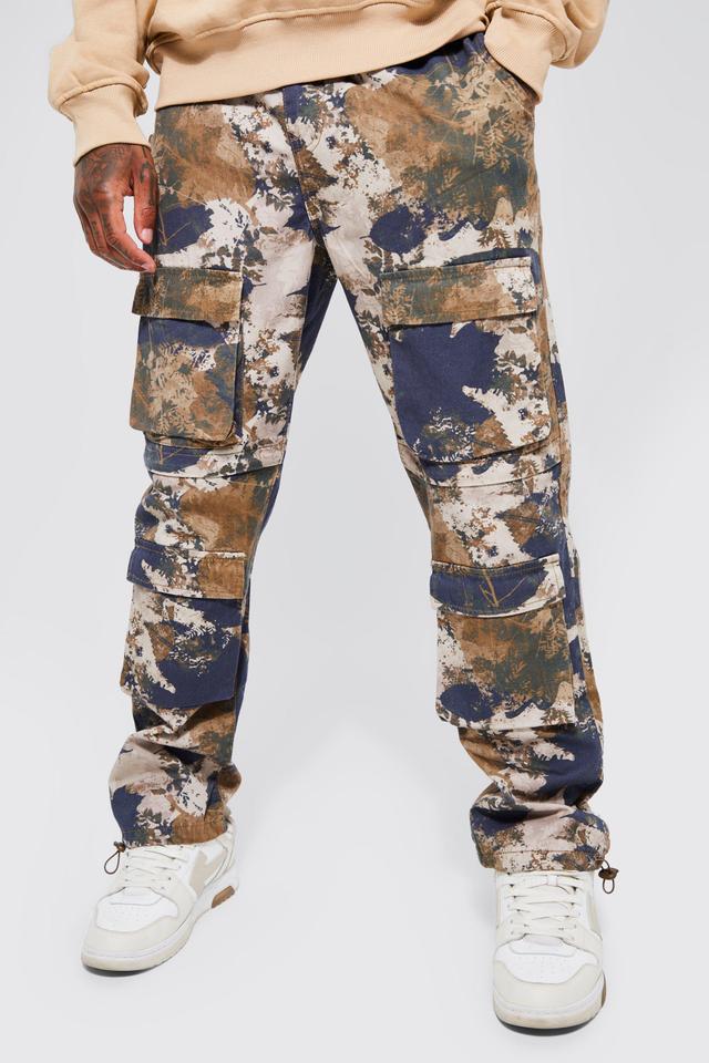 Elastic Waist Forest Camo Multi Pocket Straight Fit Cargo Pants | boohooMAN USA Product Image