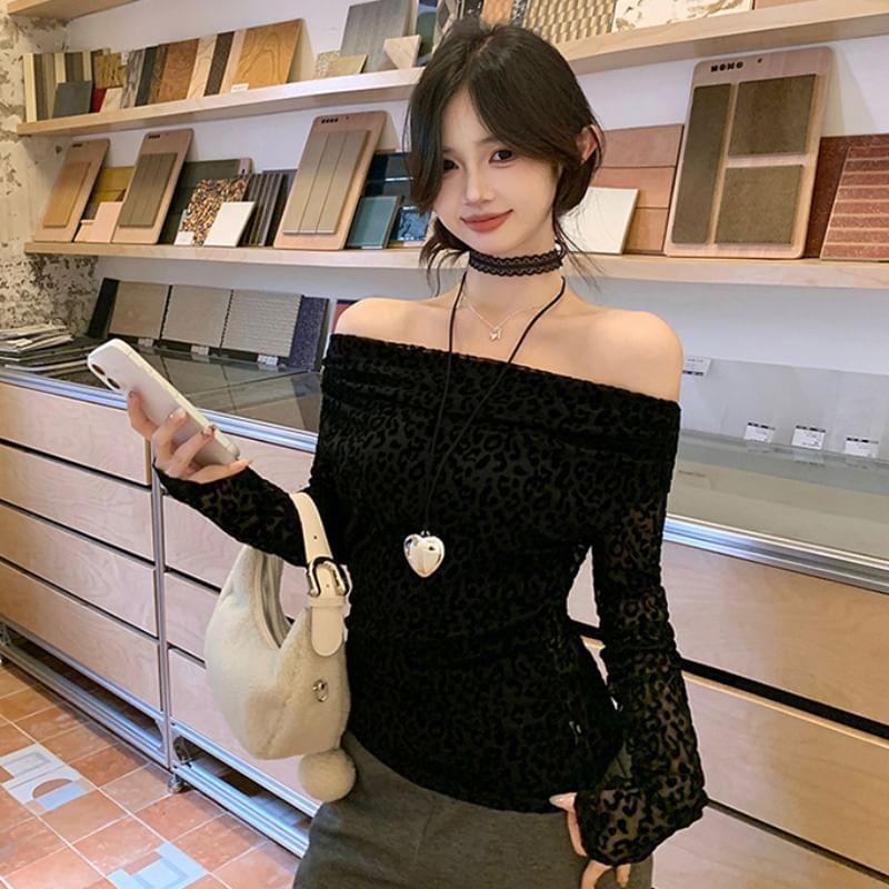 Long-Sleeve Off Shoulder Leopard Print Top Product Image